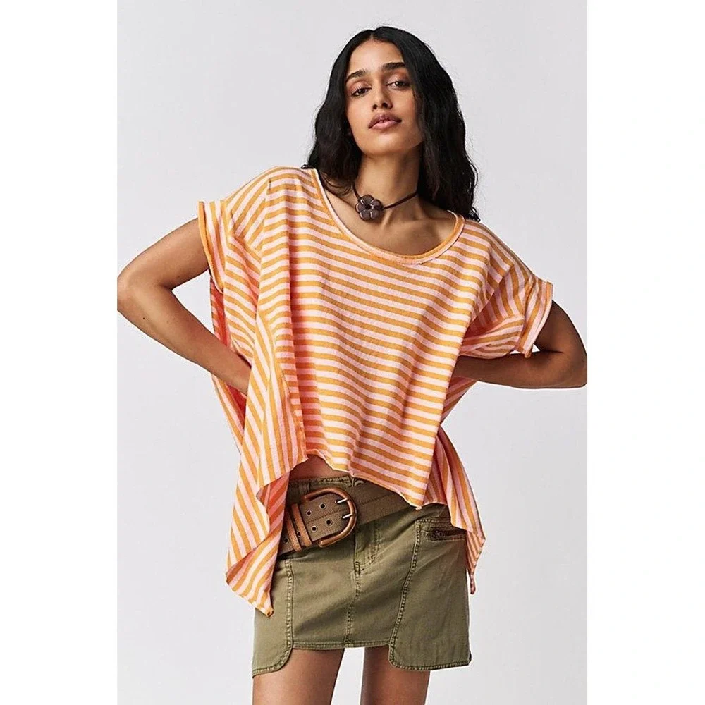 Cutie We The Free Free People Orange White Striped V-Neck Pocket Tee Shirt Small